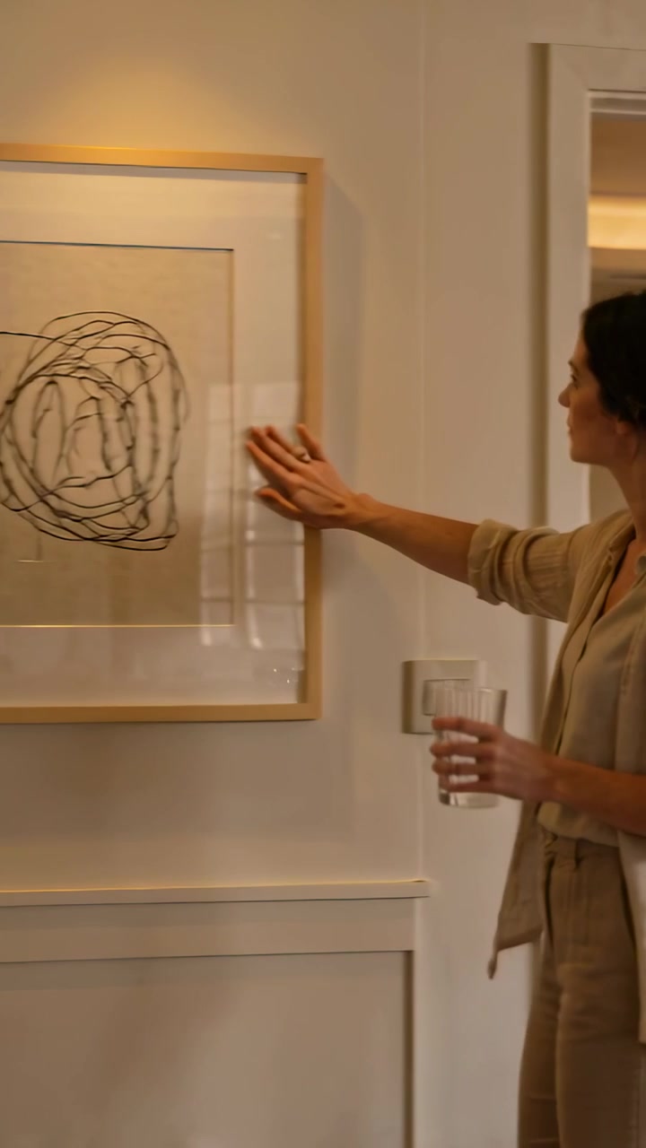 Video vertical: Mujer de color topo entrando por la derecha con un vaso, pasando el comedor, tocando una obra de arte, con espacio para texto.