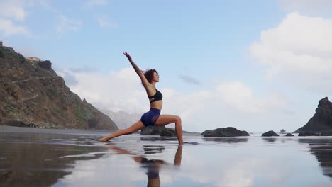 by the ocean's edge, a young, slender woman practices stretching and yoga, her contemplative gaze directed into the distance in slow motion