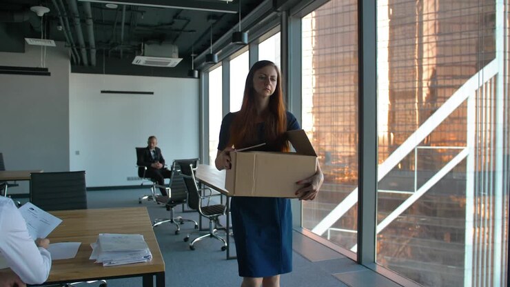 Dipendente donna triste che lascia l'ufficio dopo essere stata licenziata.