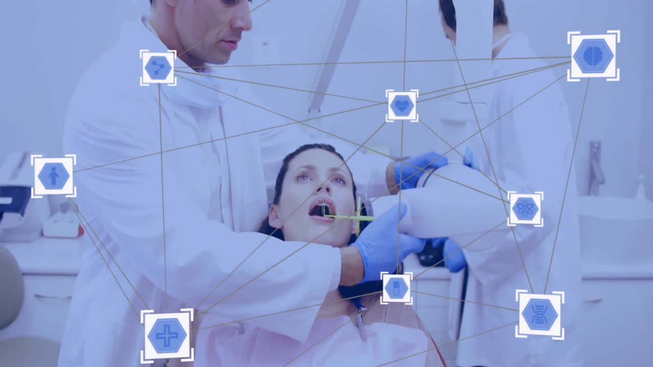 치과의사가 환자의 치아를 검사하는 의료 데이터 네트워크 애니메이션