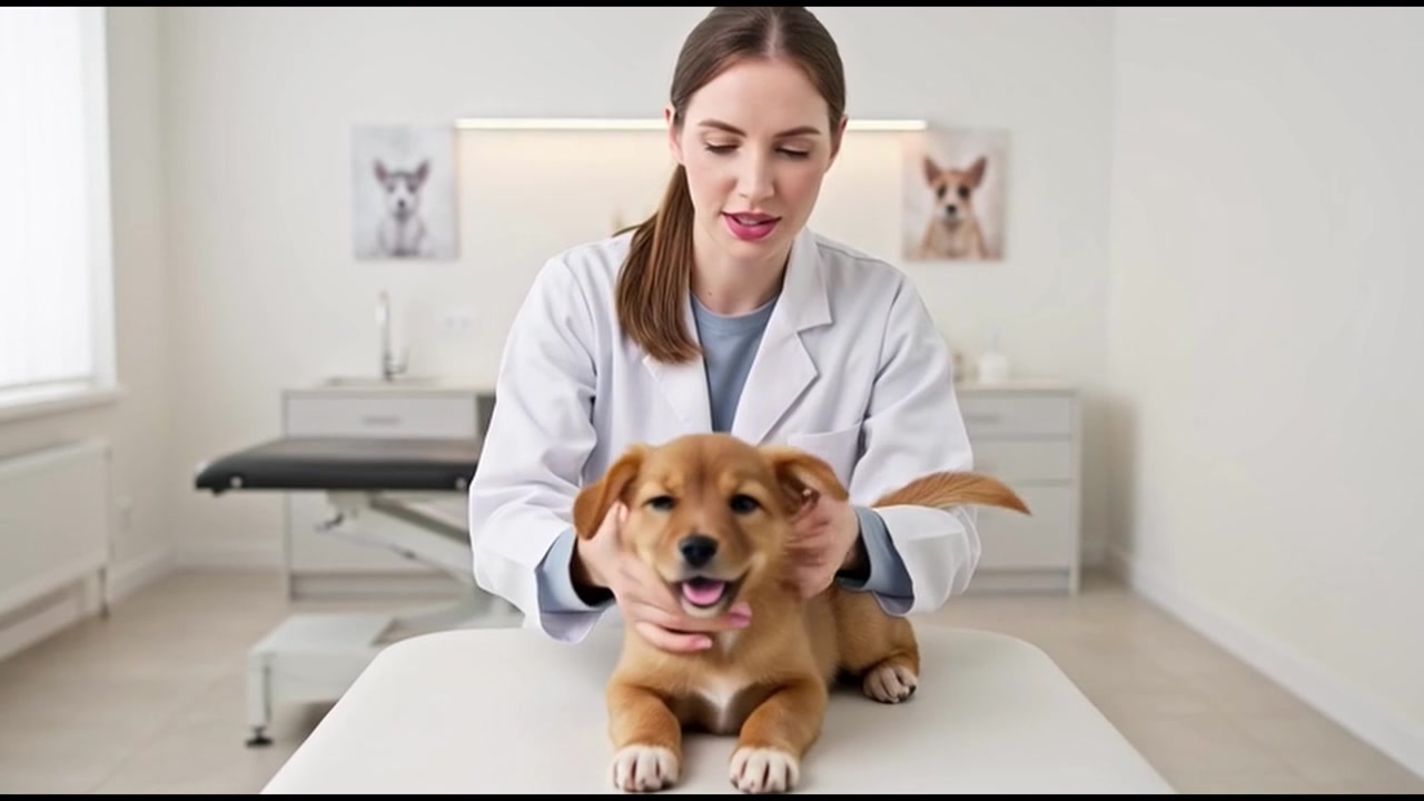 Female Veterinarian Examining a Cute Puppy in a Clinic