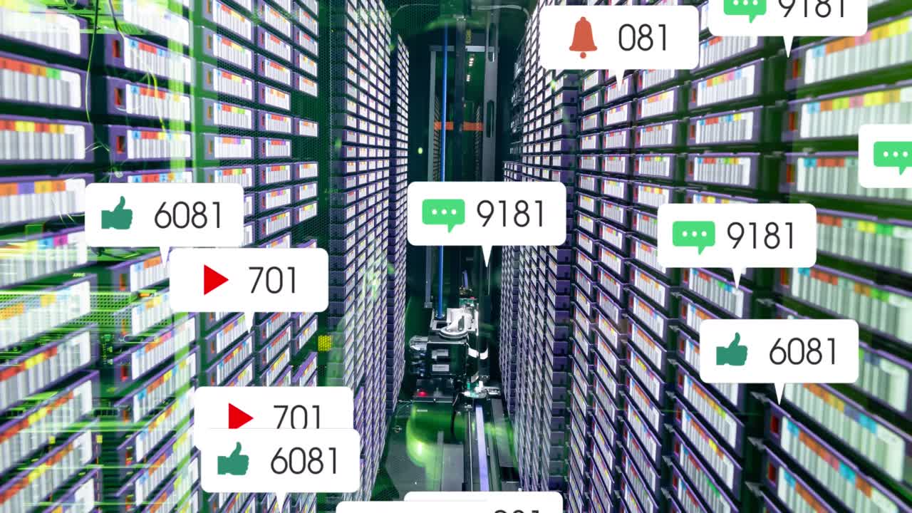 animación del procesamiento de datos de las redes sociales a través de servidores informáticos