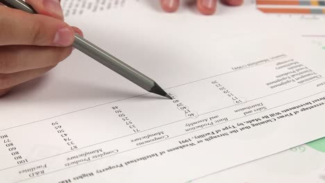 analyzing data with a pencil on a spreadsheet