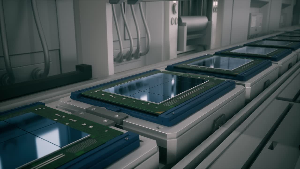 Electronic Circuit Boards On A Modern Assembly Line, Computer Processors Or Microchips On A Production Line
