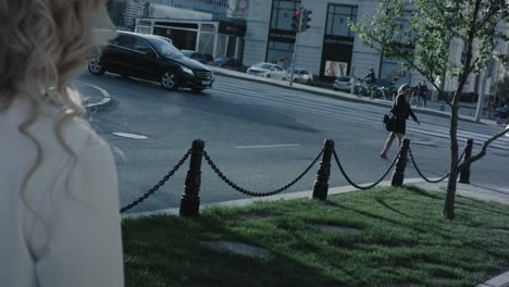 woman walking in city street