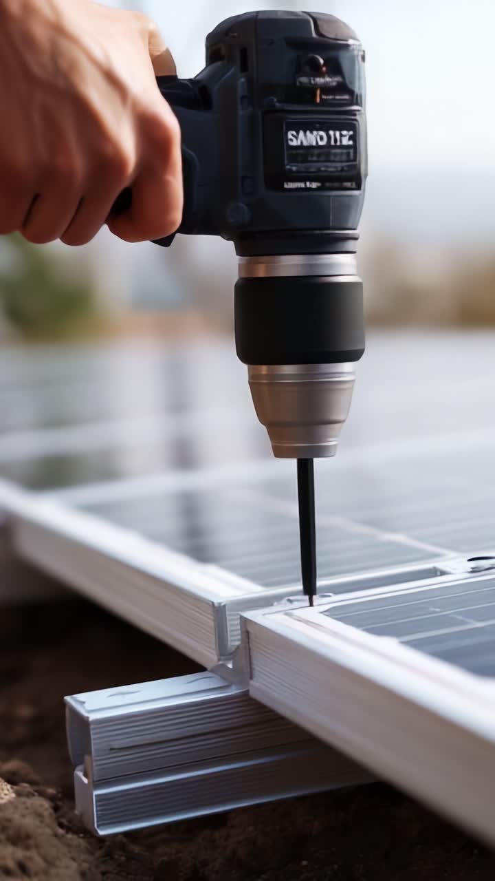 Installation af solpaneler med boreværktøj, der viser nærbillede af monteringsramme og solcellemoduler til vedvarende energiløsninger