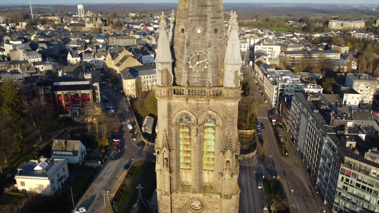 Aerial View of a Church Tower in a European City
