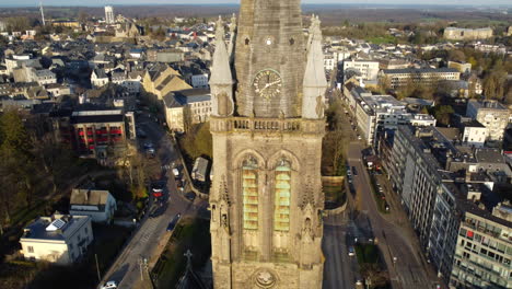 aerial view of a church tower in a european city