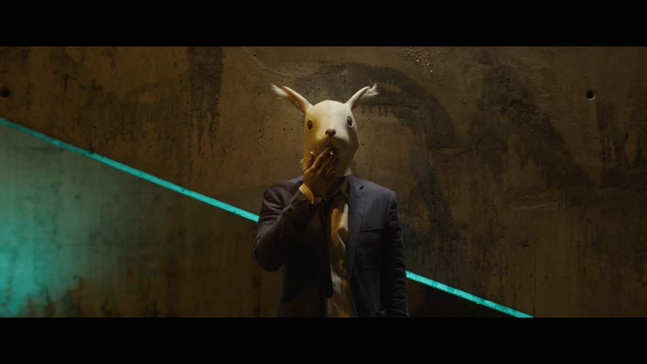 Man in a rabbit head mask
