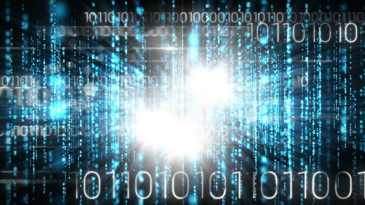 Digital animation of binary code technology and bright light 4K