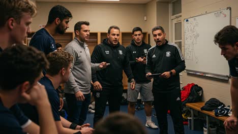 coaches discuss strategy with team in locker room before crucial match, fostering team spirit and tactical awareness among players