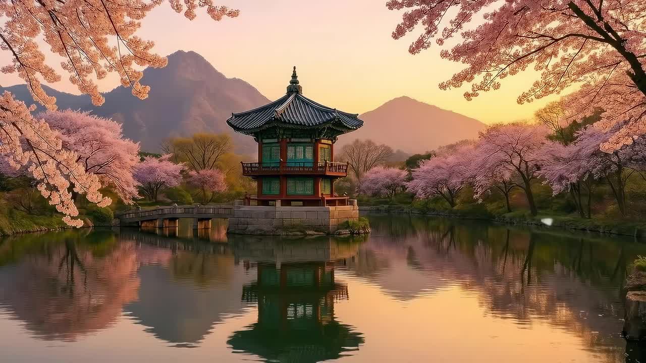 Una serena scena video di una pagoda circondata da fiori di ciliegio al tramonto, ripresa da un'angolazione bassa