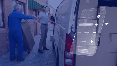 animation of digital interface with icons and data processing over caucasian delivery man and worker