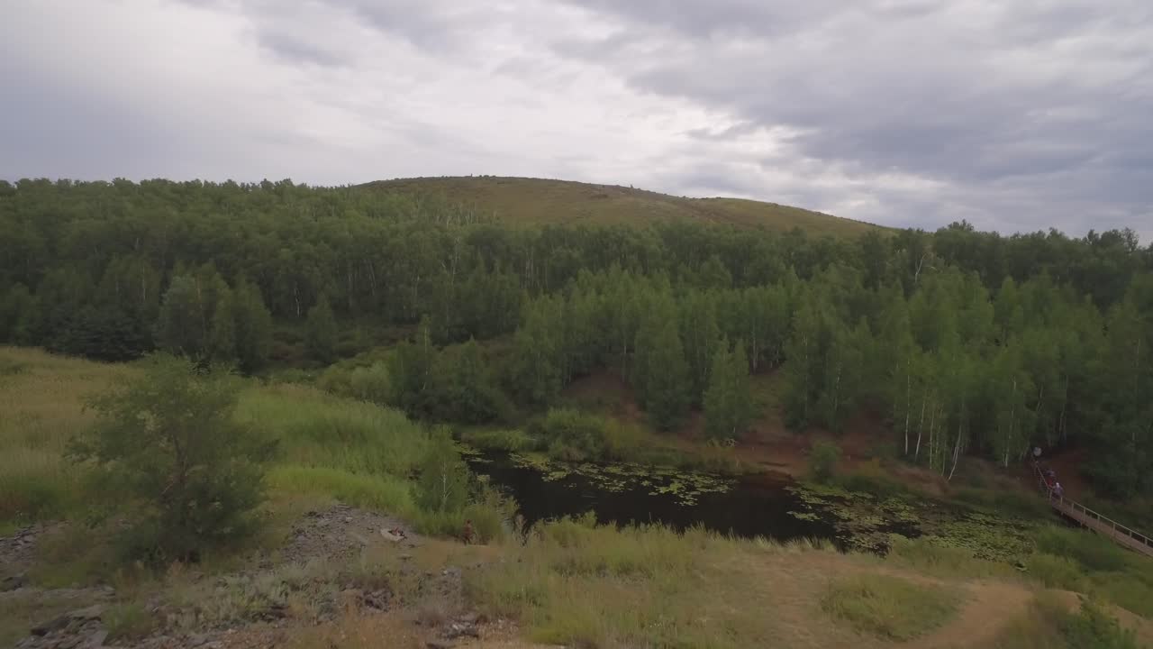 언덕과 호수를 가진 숲 풍경