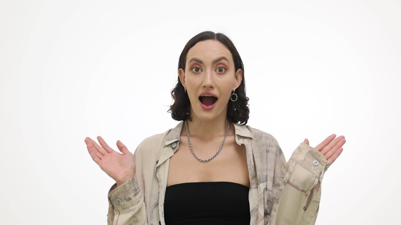 A young woman expresses surprise and shock with various gestures