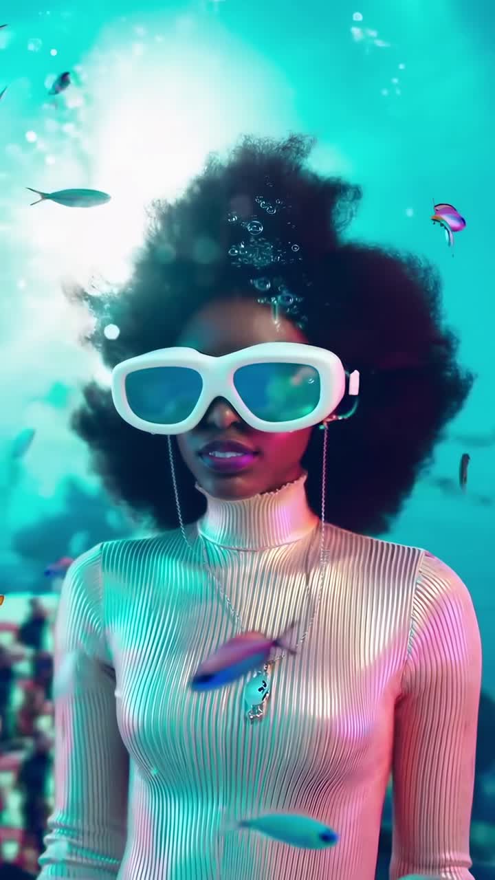 Futuristisk videokonsept med lavvinkelbilde av en person med store briller, omgitt av fisk
