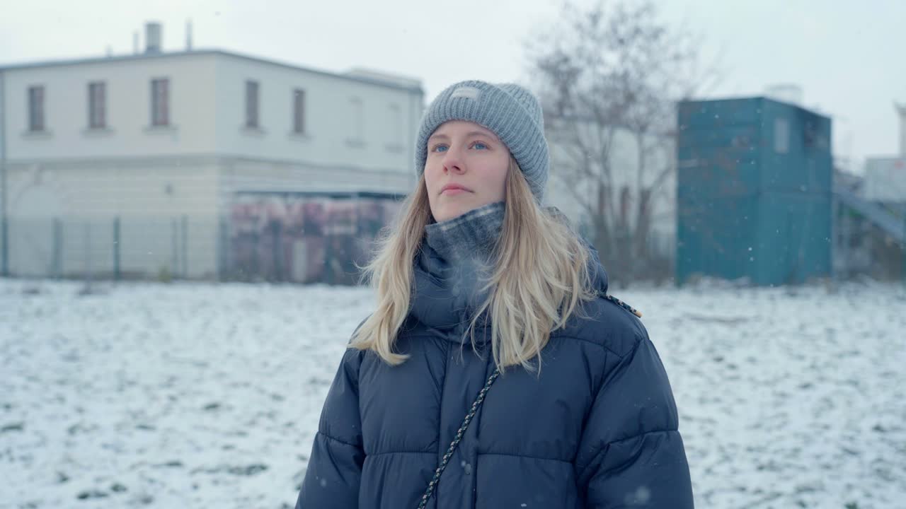 Paranomic view of a girl in the white snow of Husky - Siberia