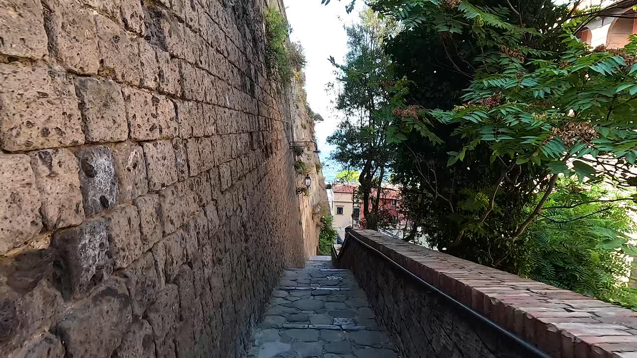 울창 한 초록색 을 가진 은 돌 계단