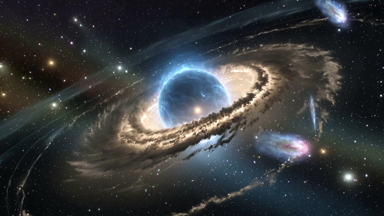 Panoramica della telecamera che rivela una sfera blu centrale che ruota e si illumina nello spazio, mostrando i dettagli dell'anello.