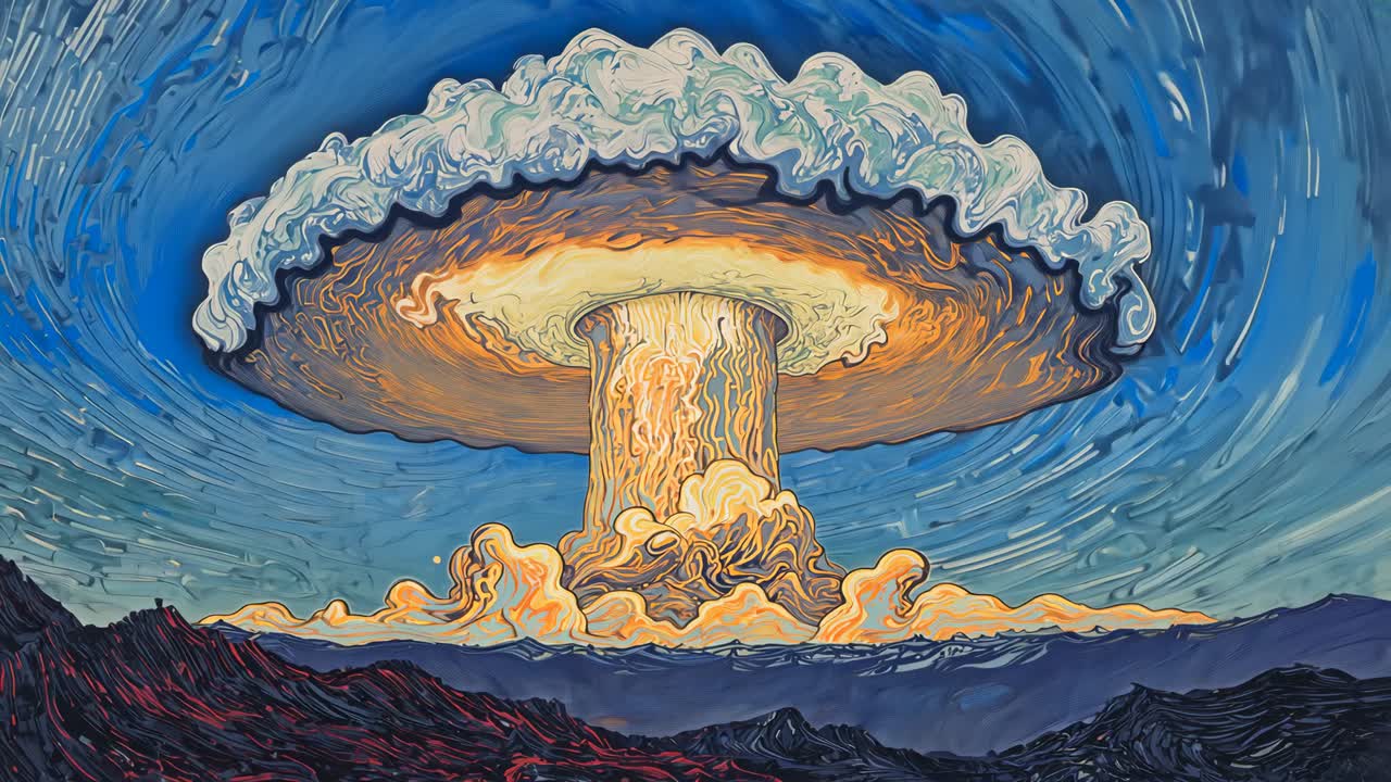 Rising mushroom cloud glowing over jagged mountain ridge, with swirling brushstroke sky patterns