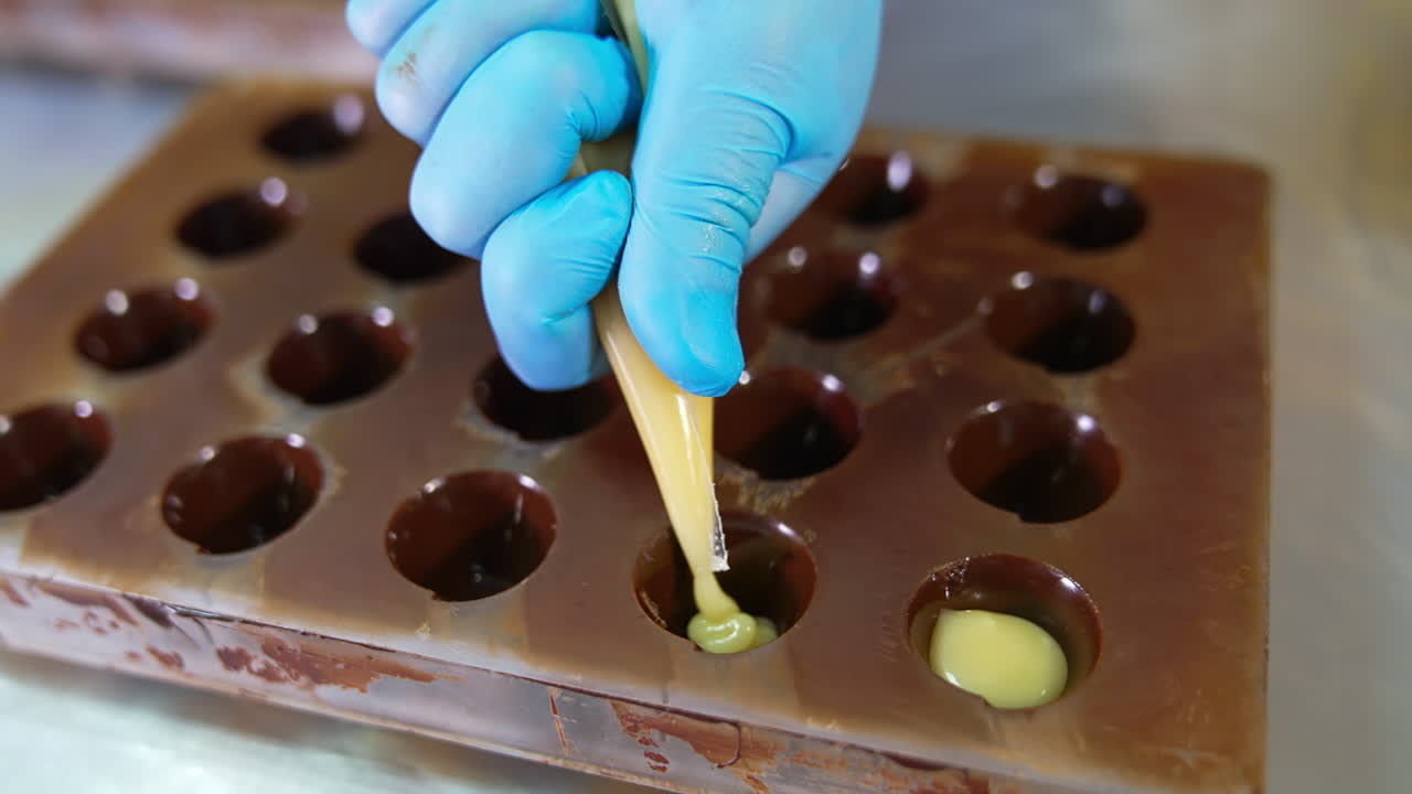 Gloved hand squeezes white filling from pastry bag into molds. Close up. Handiwork in manufacturing sweet desserts.