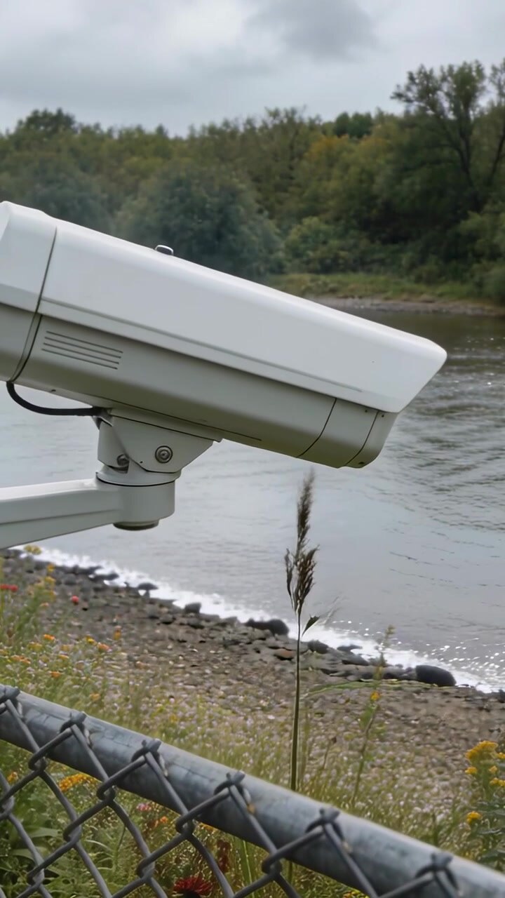 Vertical video: Tilting white security camera on mounting arm, tracking riverbank after wind gust