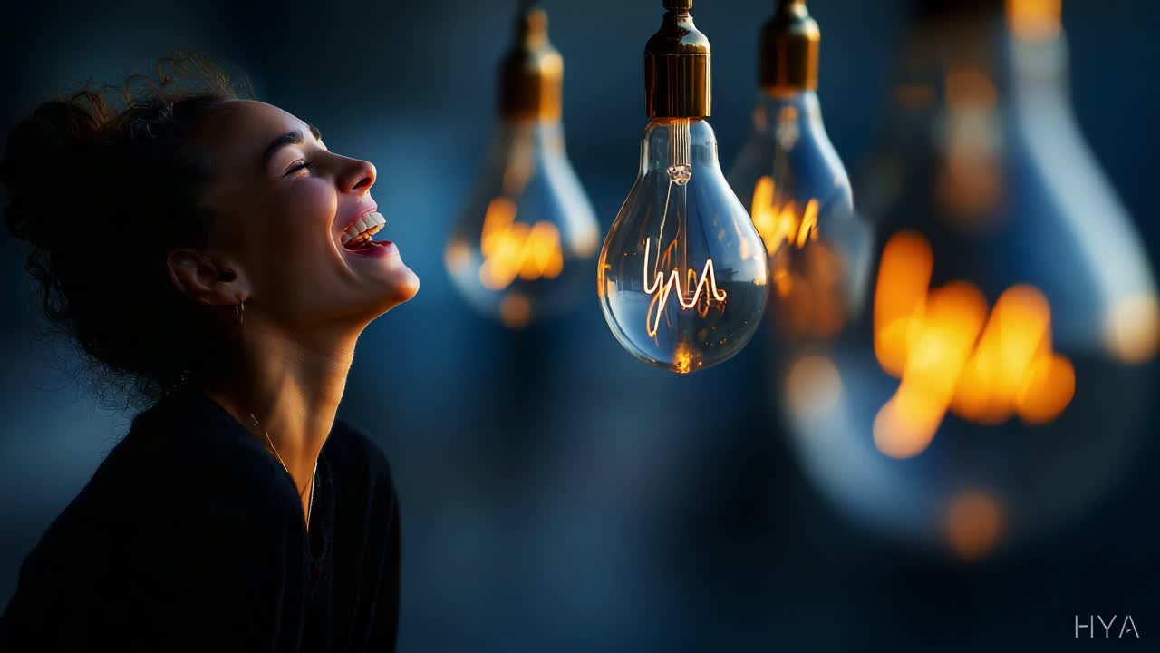 Captivating Moments of Joy: A Young Woman Radiating Happiness in Front of Glowing Light Bulbs, Embracing Life's Joys with a Bright Smile and Sparkling Eyes