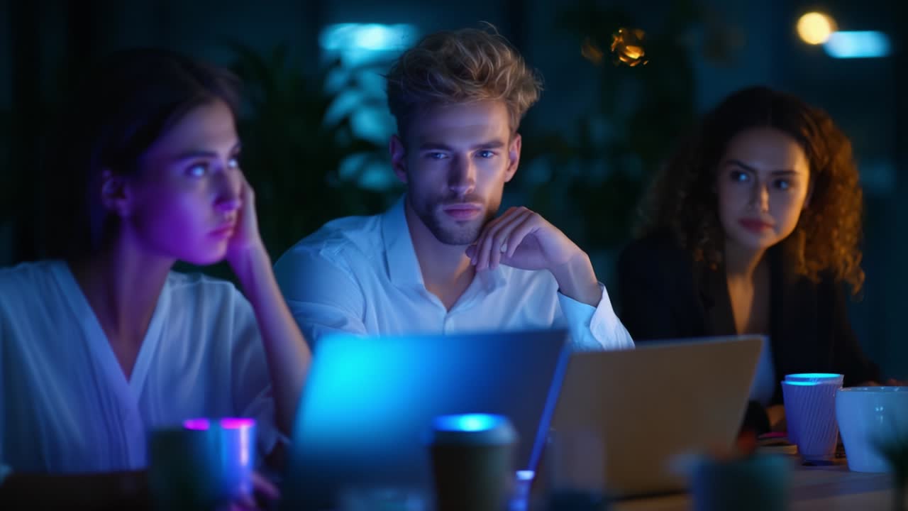 Engaged in Late-Night Work: Three Individuals Focused on Laptops in a Dimly Lit Environment with Blue and Purple Lighting, Reflecting Concentration and Team Dynamics in a Professional Setting