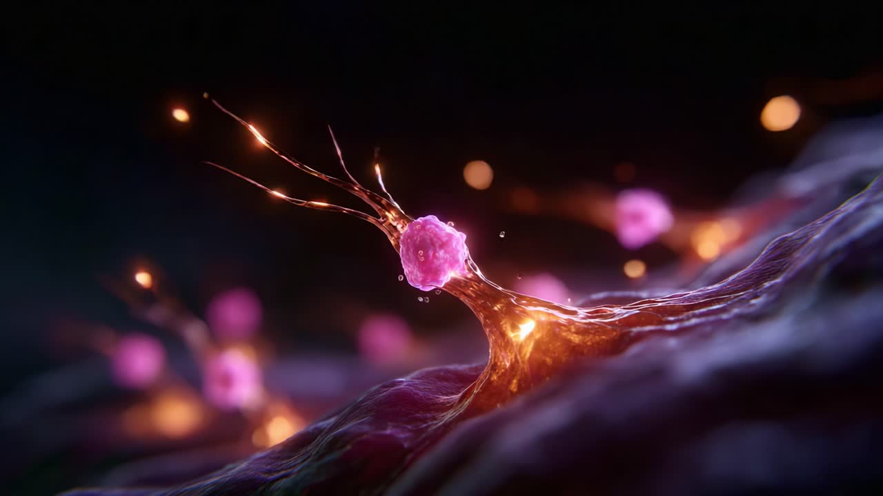 Microscopic View of Glowing Neural Connections Showcasing Electric Pulses and Vibrant Cells in a Complex Biological Network for Understanding Neuronal Communication