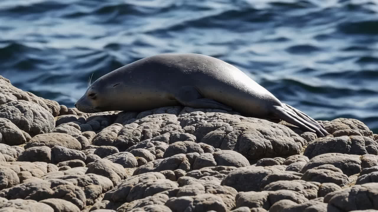 Seal resting on a rocky shore by the ocean