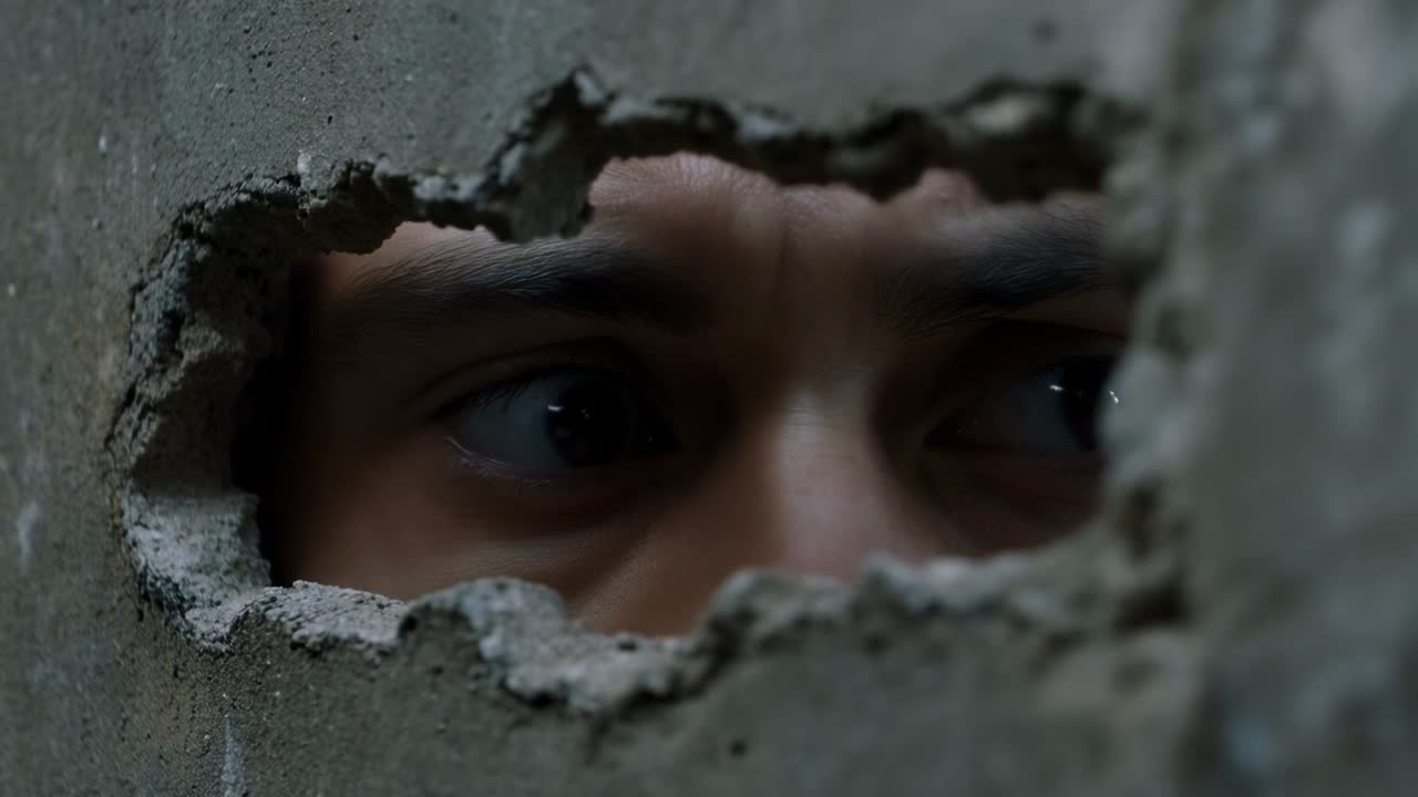 Peering adult man scanning left and right through rough concrete hole in dim enclosure, listening