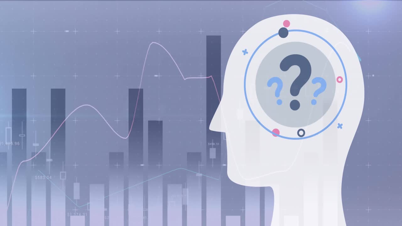 배경의 여러 그래프에 대한 인간 표현에 대한 원의 질문 점의 애니메이션