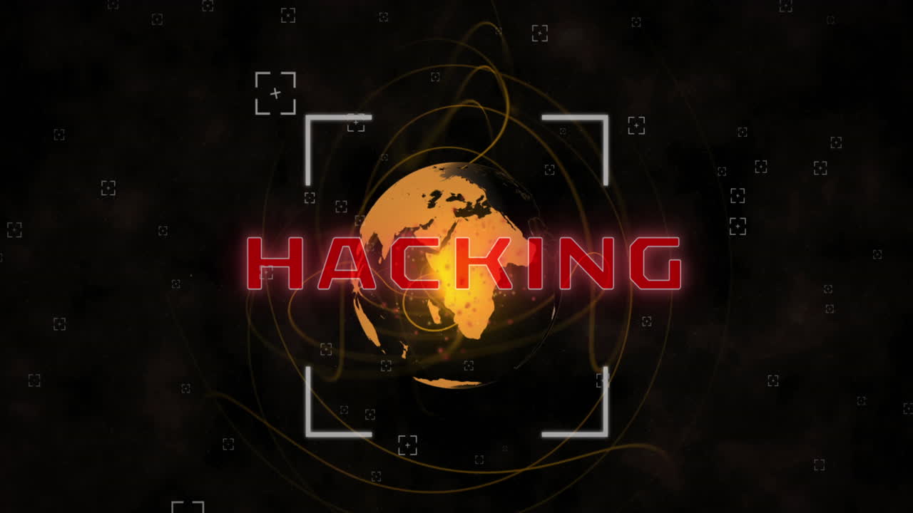animación de texto de hacking, buscadores de vistas y patrón en espiral alrededor del globo sobre fondo negro