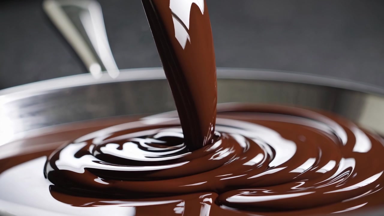 Cioccolato fondente fuso che si versa in una teglia di metallo