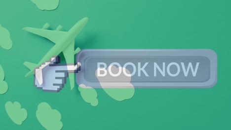 animation of book now text over plane model with clouds on green background