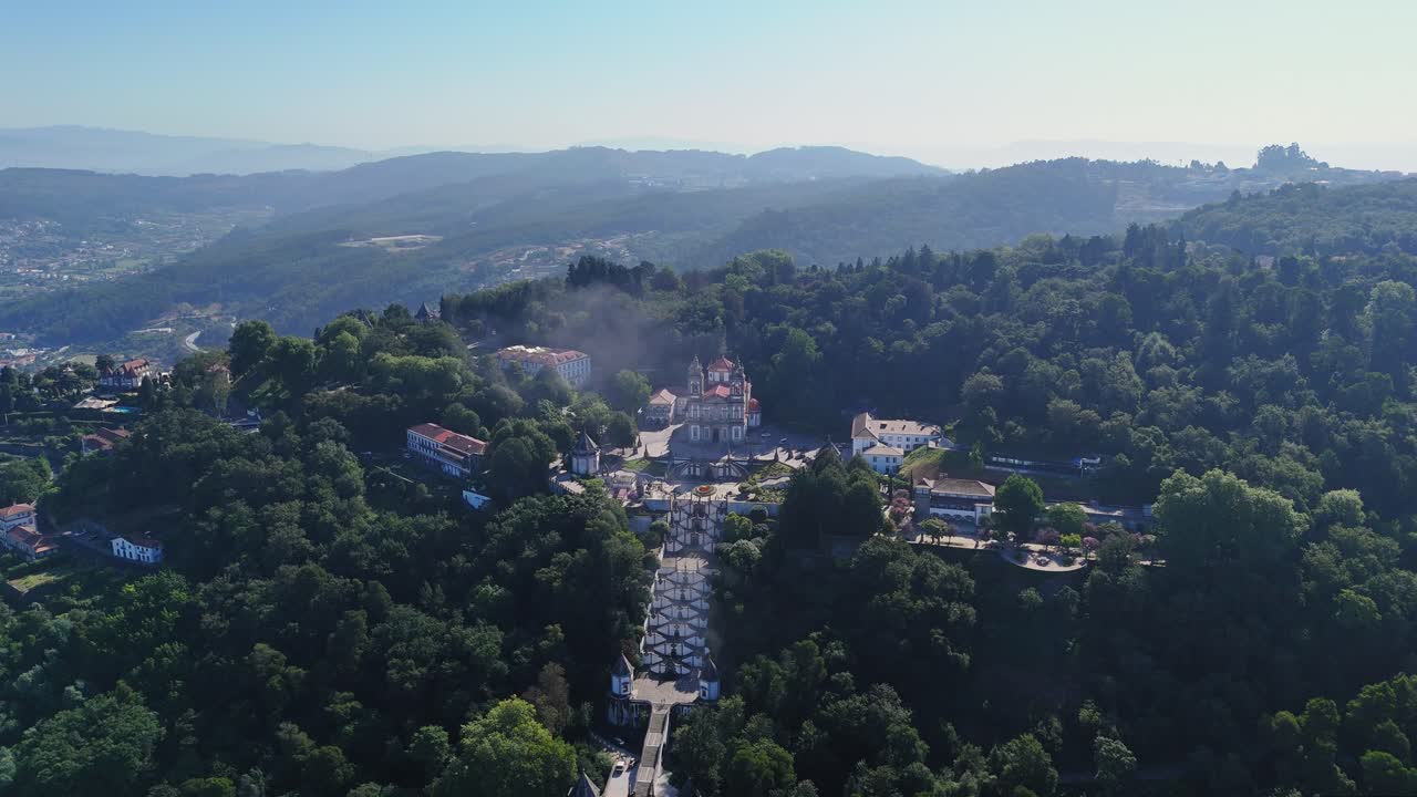 Aerial morning view of Bom Jesus do Monte sanctuary in Braga, Portugal