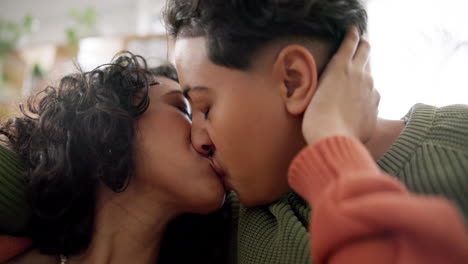 love, home face and lesbian couple kiss