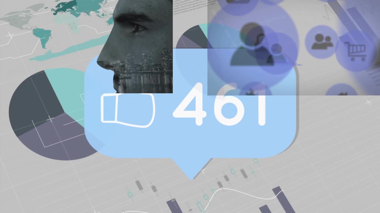 Animation of social media icon with numbers over data processing