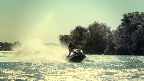 Water-rider-drive-jet-skiing-on-city-river