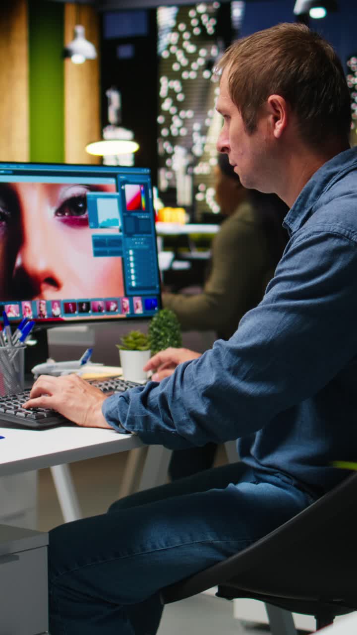 Vertical Video Male skilled editor using AI chatbot turning text prompt into photos