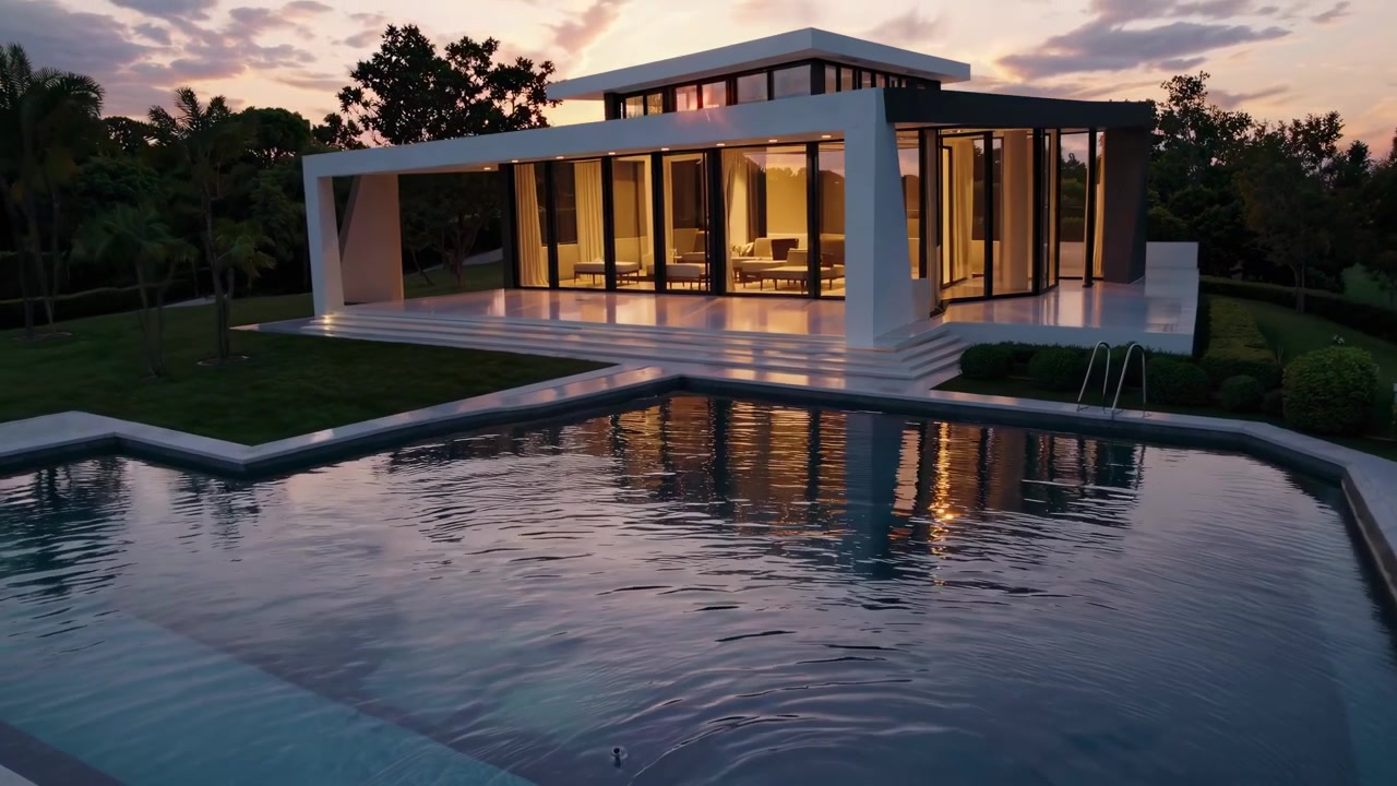 Modern Luxury House with Swimming Pool and Illuminated Interior at Sunset