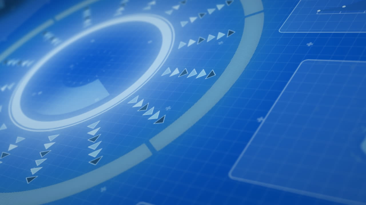 파란색 배경에 대한 둥근 스캐너, 마이크로프로세서 연결 및 데이터 처리 애니메이션