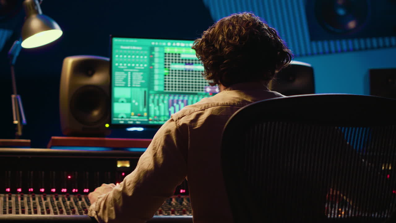 Sound designer mixing and mastering tracks on audio console in control room