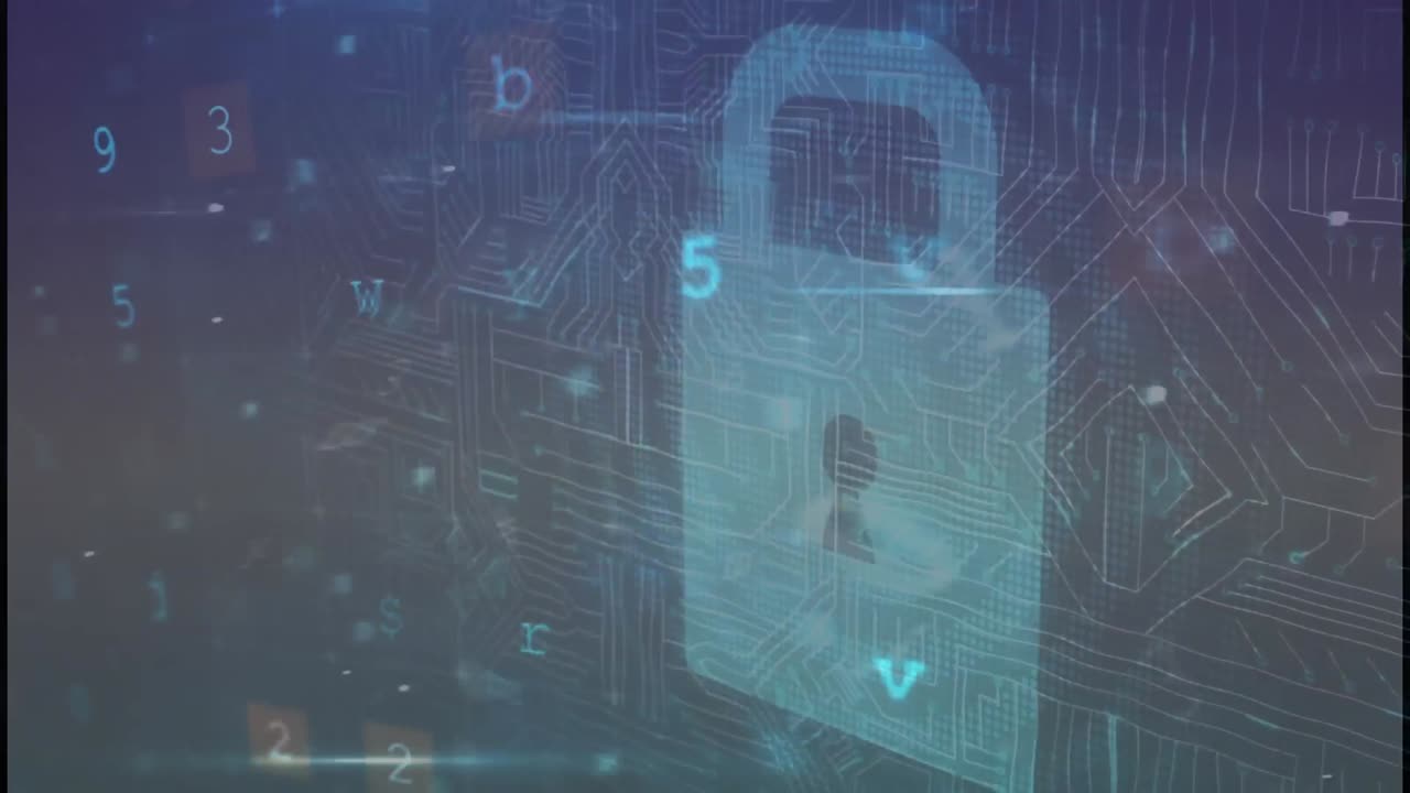 animación del procesamiento de datos de seguridad cibernética sobre el icono de candado de seguridad contra un fondo azul