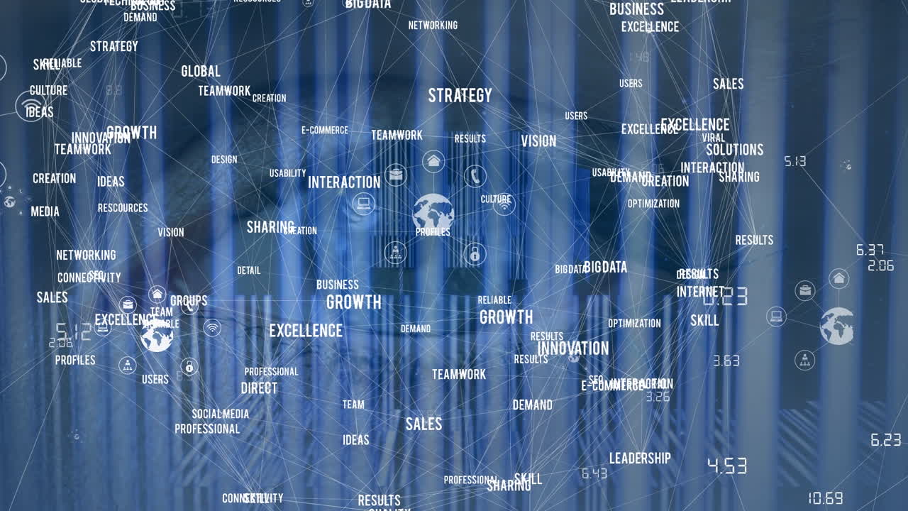 연결, 좌표 및 여성의 눈 위에 떠다니는 아이콘의 애니메이션