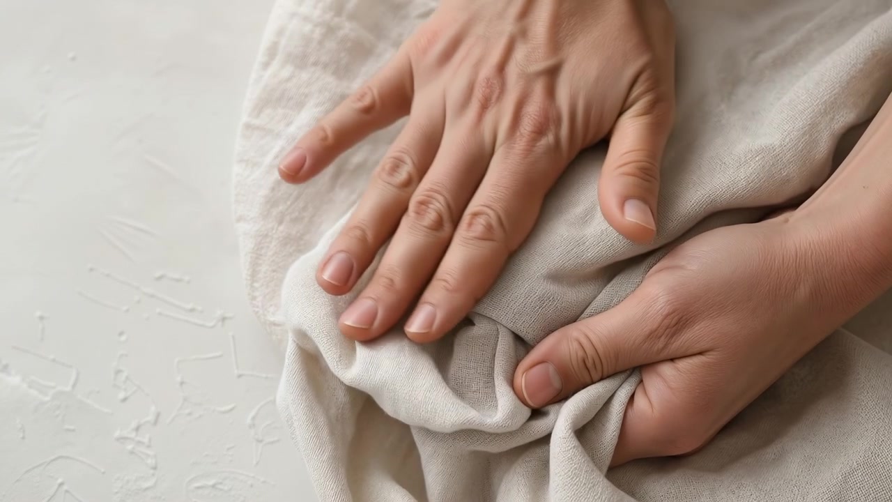 Close up of a person's hands holding and feeling a soft white linen fabric