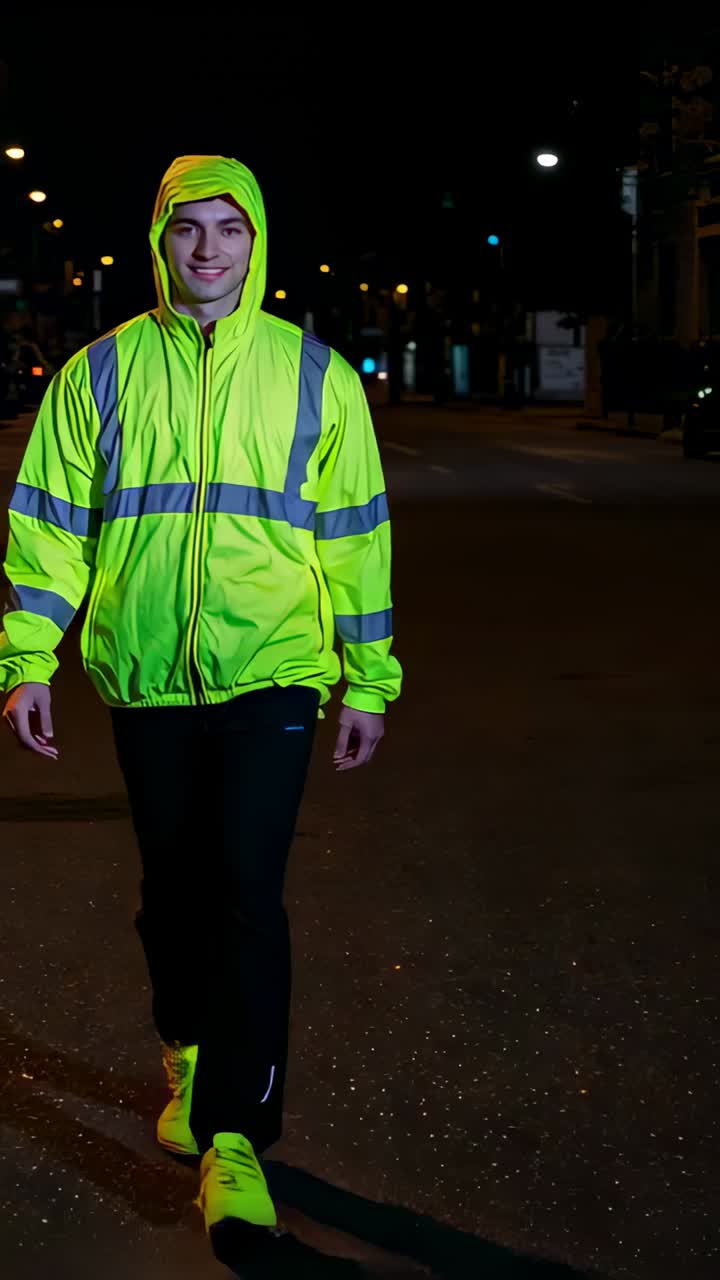 Vertical video: Camera starting causing man in neon jacket walking toward camera on street at night