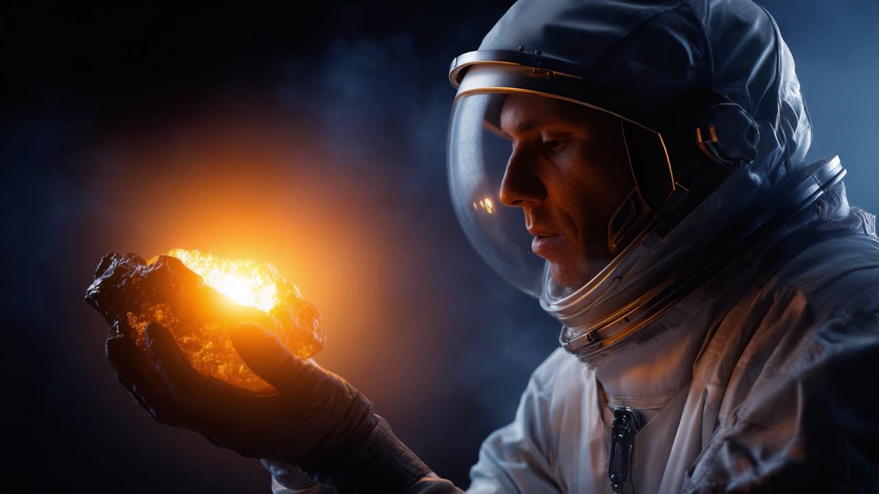 Un astronauta con un casco riflettente esamina una roccia extraterrestre luminosa, mettendo in mostra le meraviglie dell'esplorazione spaziale e i misteri dell'universo.