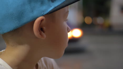 child looking at bumper cars in amusement park