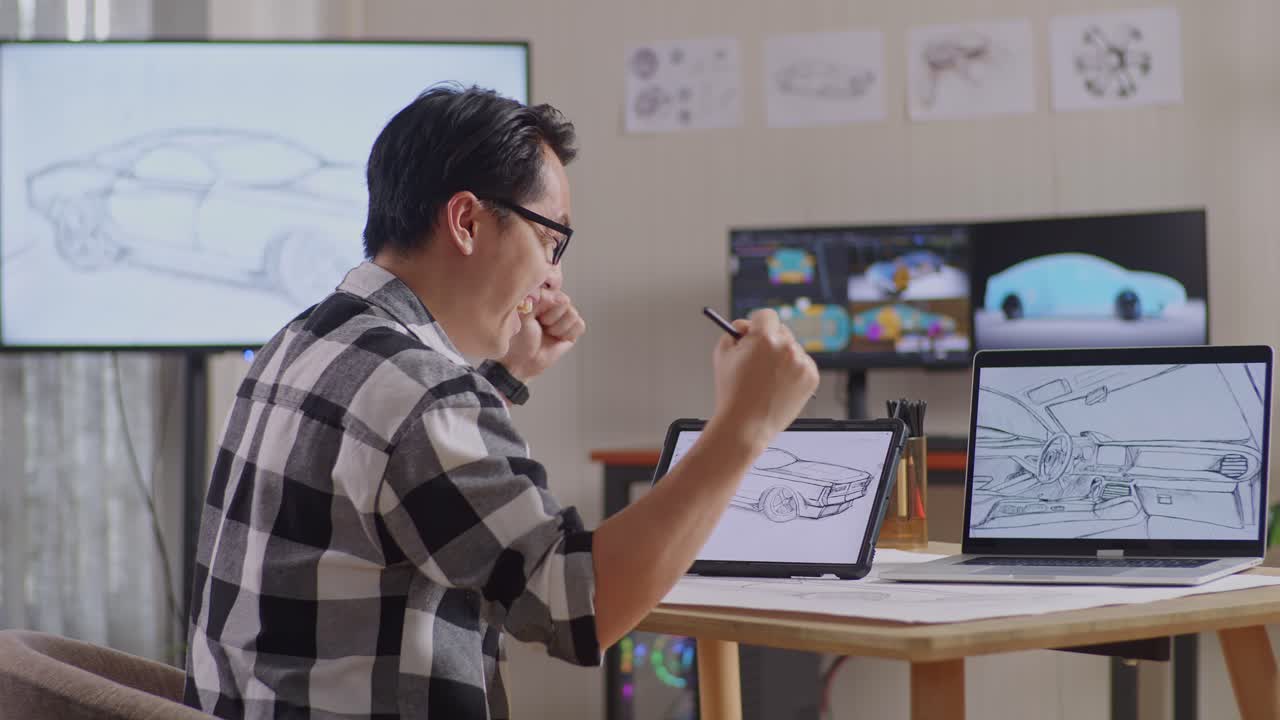 성공을 축하하는 아시아 남성의 측면 뷰: tv와 컴퓨터 디스플레이 3d 전기 자동차 모델을 가진 스튜디오에서 태블릿에 새로운 자동차 디자인 컨셉을 그립니다.